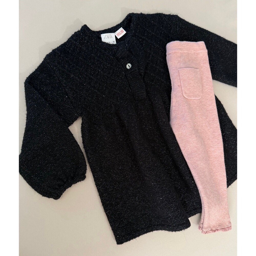 ZARA Baby Girl Knit Dress & Leggings Set Black Pink Shimmer Toddler 18-24M